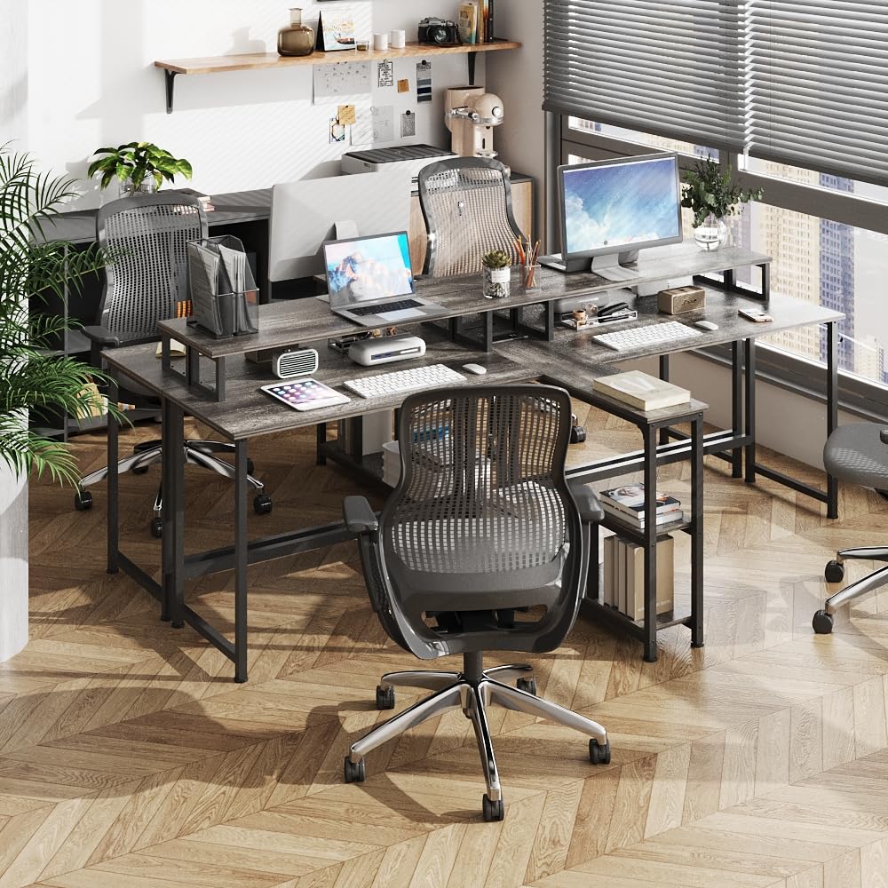 Mexin Two Person Desk-83.7 Inch Double Computer Desk with Monitor Stand and Power Outlets, Office Desk with Storage Shelves, Long Workstation Desk for Home Office, Gray Oak Mexin