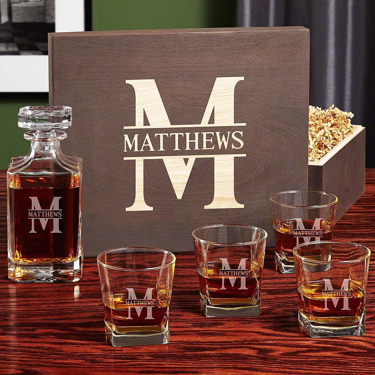 Personalized Whiskey Decanter Set with 4 Glasses and Custom Wood Box - 9 Design Options - Bourbon Glass Set HomeWetBar