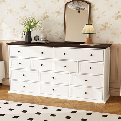 TAMUNE 12 Drawer Dresser Chest of Drawers, White Dresser for Bedroom, Retro Wood Dressers with 12 Drawers, for Living Room Bedroom Hallway, White and Brown 15.7”D x 61”W x 31.5”H