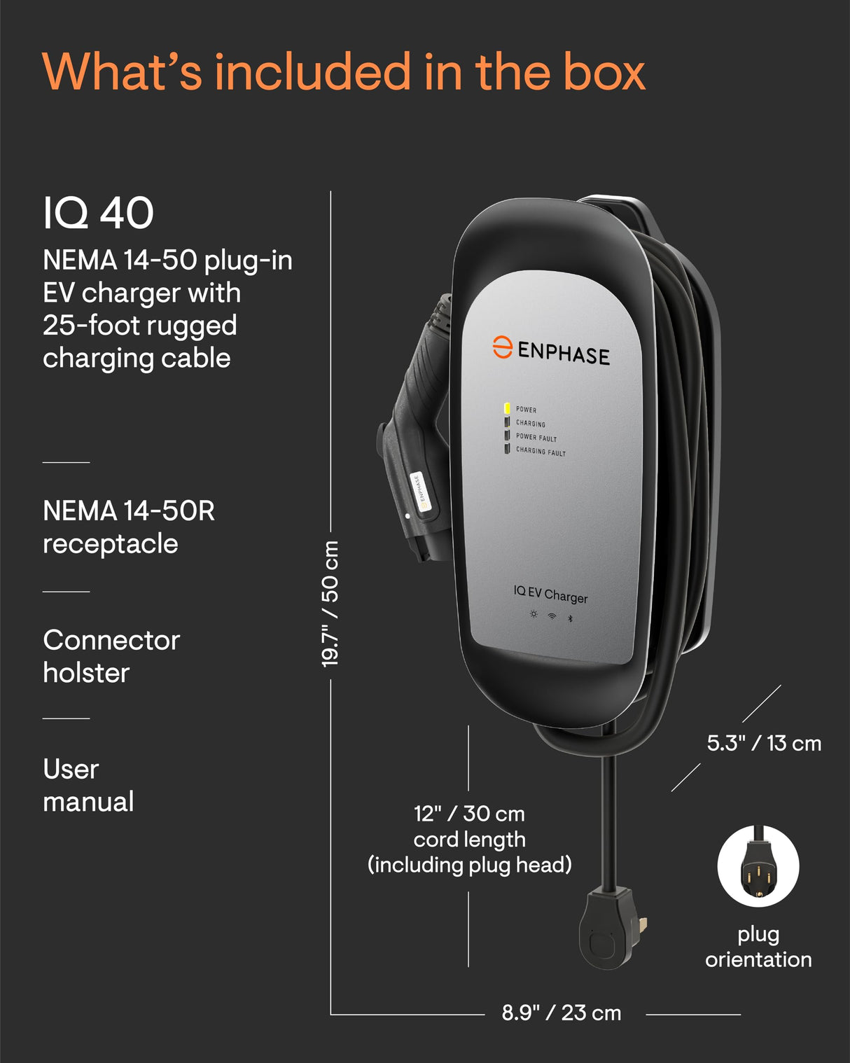 32 Amp Plug-in Smart EV Charger - Enphase IQ 40 with NEMA 14-50 Plug, 7.7kW Power, 240V, 5-Year Warranty, Wi-Fi Connected, Safety Certified, 25ft Cable & Ruggedized J1772 Connector Enphase Energy