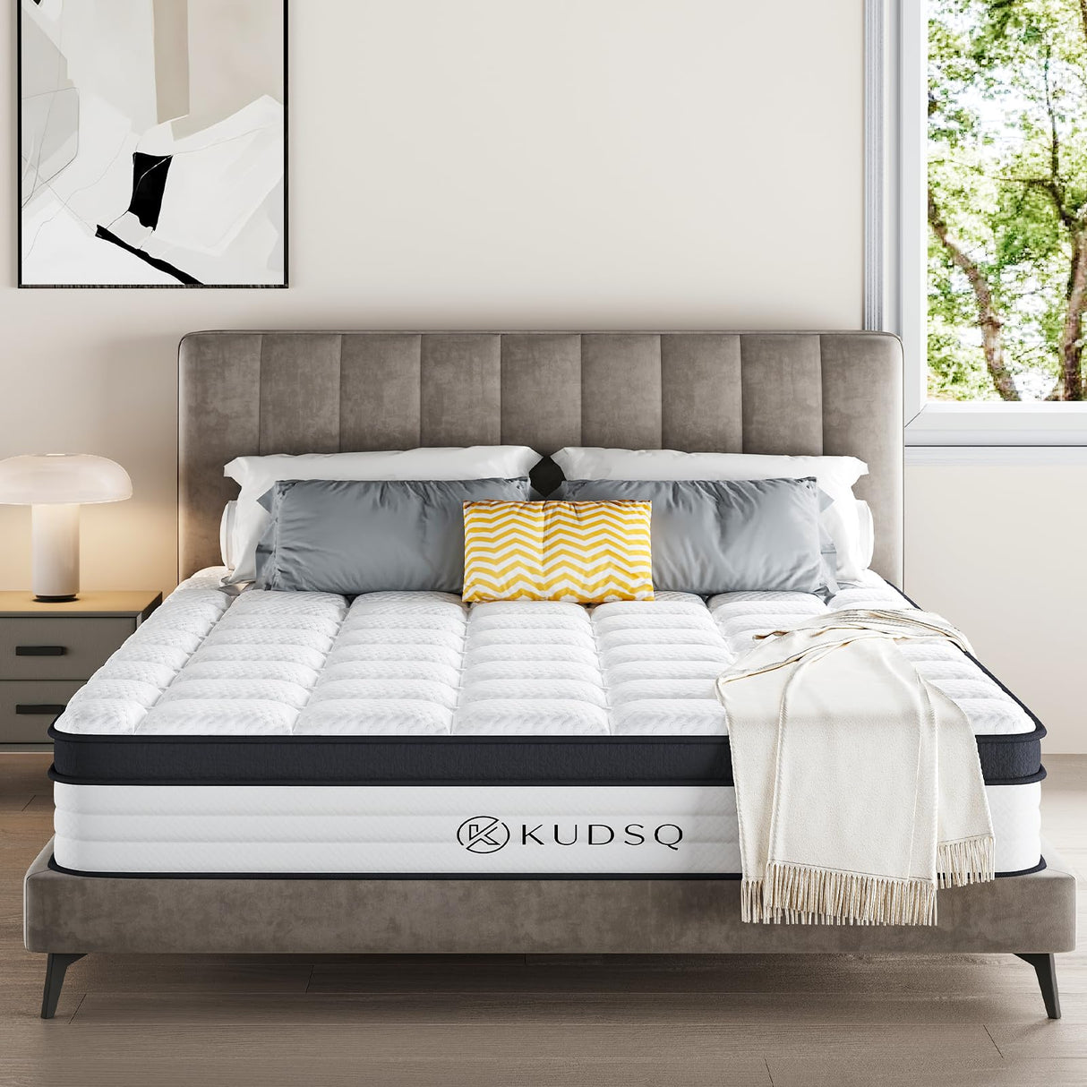 KUDSQ Queen Size Mattress, 10 Inch Queen Mattress in a Box with Memory Foam and Pocket Spring for Pressure Relief & Comfort Sleep, Medium Firm Feel, Fiberglass Free Bed in a Box/CertiPUR-US KUDSQ