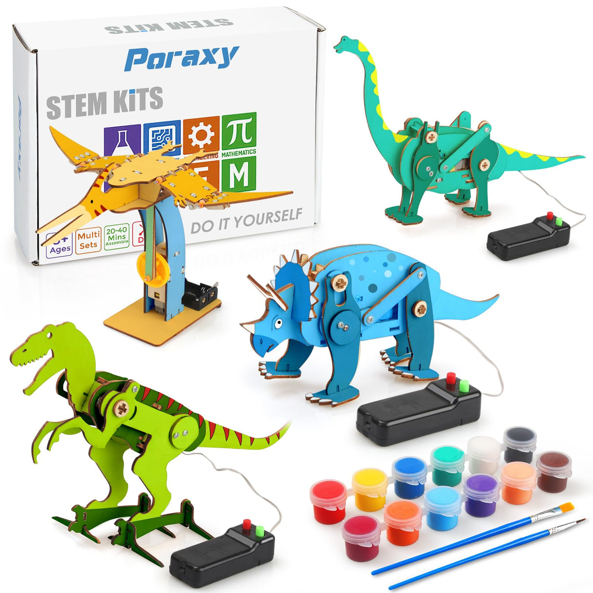 Poraxy Dinosaur Toys, 4 in 1 STEM Kits for Kids Age 8-10, Toys for Ages 8-13, Educational Science Building Projects, 3D Wooden Puzzles Robot Crafts, Gifts for Boys Girls 7 8 9 10 11 12 13 Year Old Poraxy