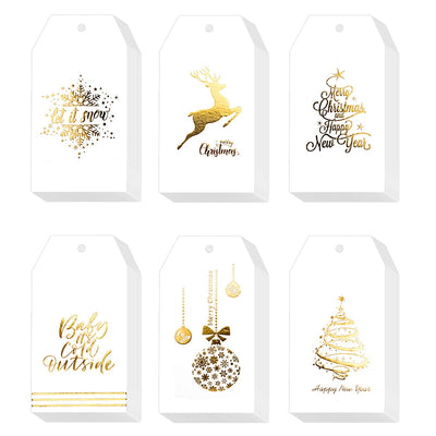Whaline 120 Pcs Christmas Gold Foil Paper Gift Tags Holiday Hang Name Tags Label with Twine for DIY Xmas Present Happy New Year Party Decoration