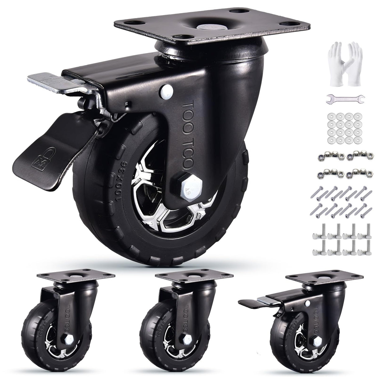 4 Inch Caster Wheels Set of 4 Heavy Duty Natural Elastic Rubber Wheels with Locking 2200Lbs Load Capacity, Silent Swivel 360° Rotation. Ideal for Industrial Carts, Trolleys, Workbenches, and Casters TOO TCO