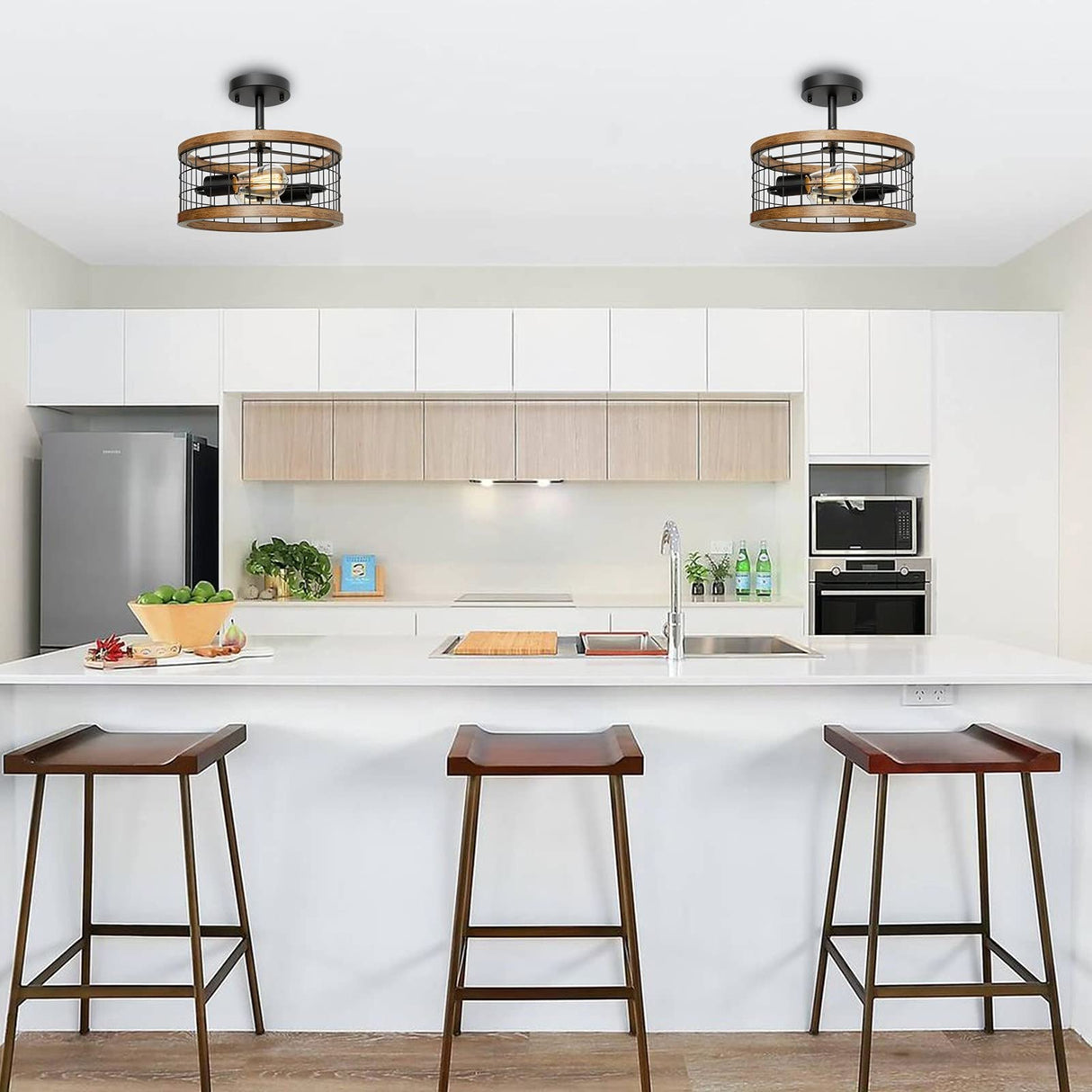 2-Light Farmhouse Semi Flush Mount Ceiling Light Fixture, Rustic Drum Wood Ceiling Lamp for Hallway Kitchen Entryway Foyer Bedroom Laundry Room, Nature Wood Texture and Black Metal Fence Finish WOAEKR