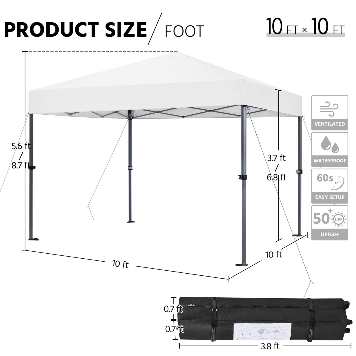 Yaheetech 10x10 1-Person Setup Pop Up Canopy Tent, Instant Portable Commercial Canopy Tent, Outdoor Gazebo with 1-Button Push, Wheeled Bag & 4 Sandbags for Home, Party & Outdoor Activities, White Yaheetech