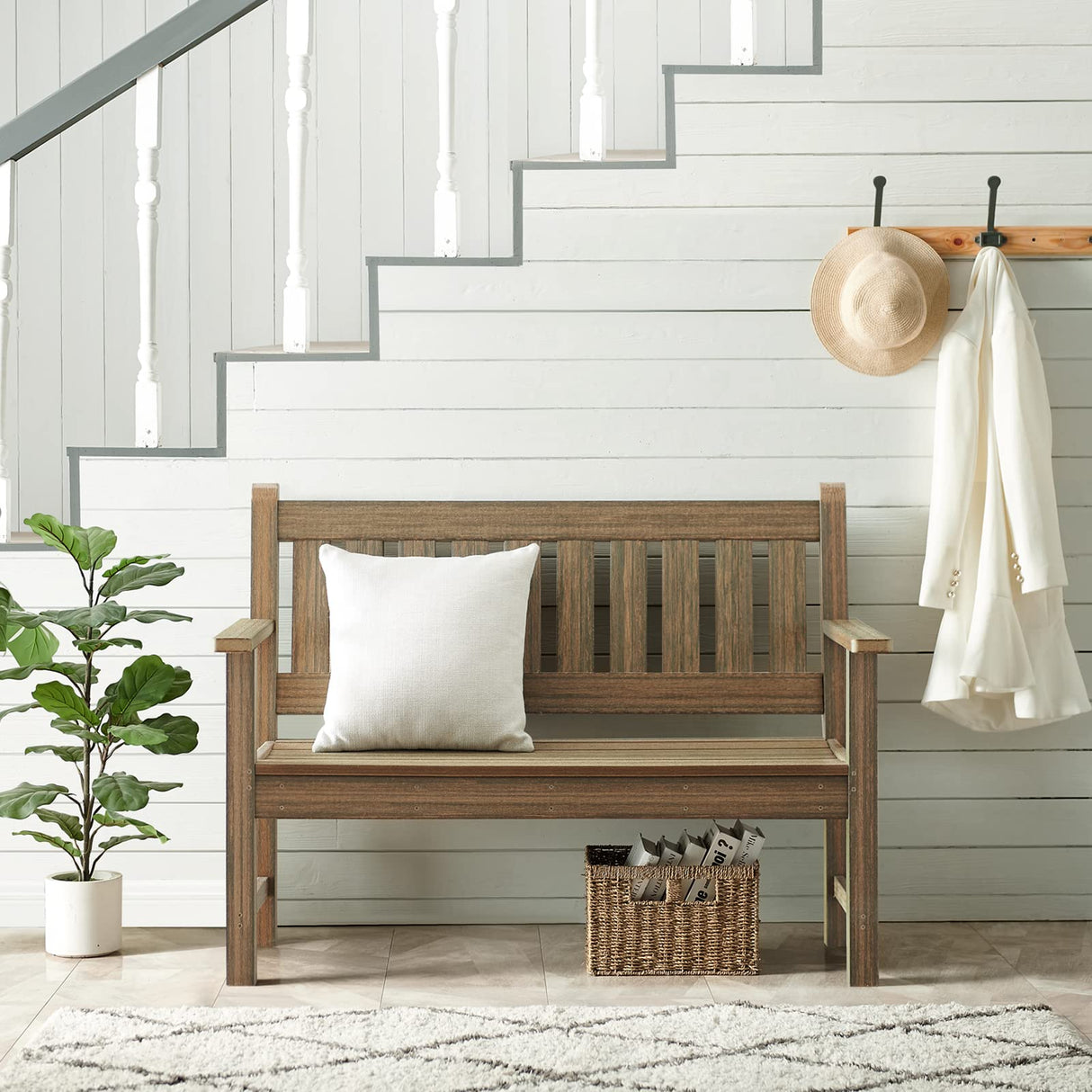 ACUEL Outdoor Bench, 2-Person Garden Bench, Poly Lumber Patio Bench for Outdoors, Porch, and Park (Light Brown) ACUEL