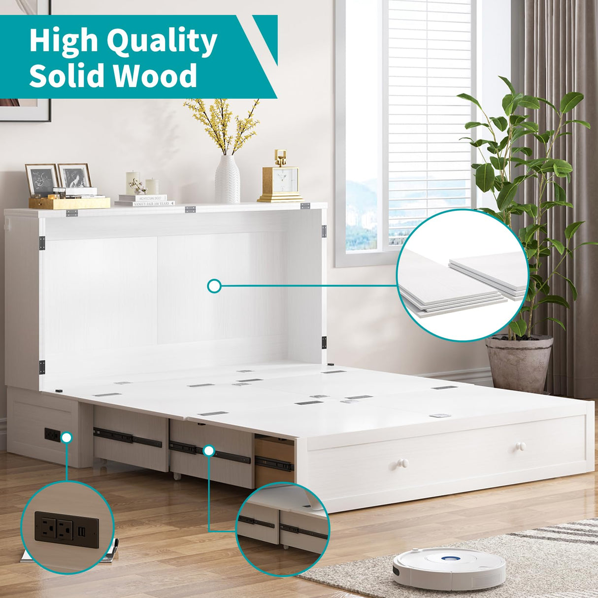 BALUS Murphy Cabinet Bed, Queen Murphy Bed with Tri-fold Mattress, Charging Stations, Wooden Cabinet Chest Beds with 2 Storage Drawers for Bedroom Guest Room - White BALUS