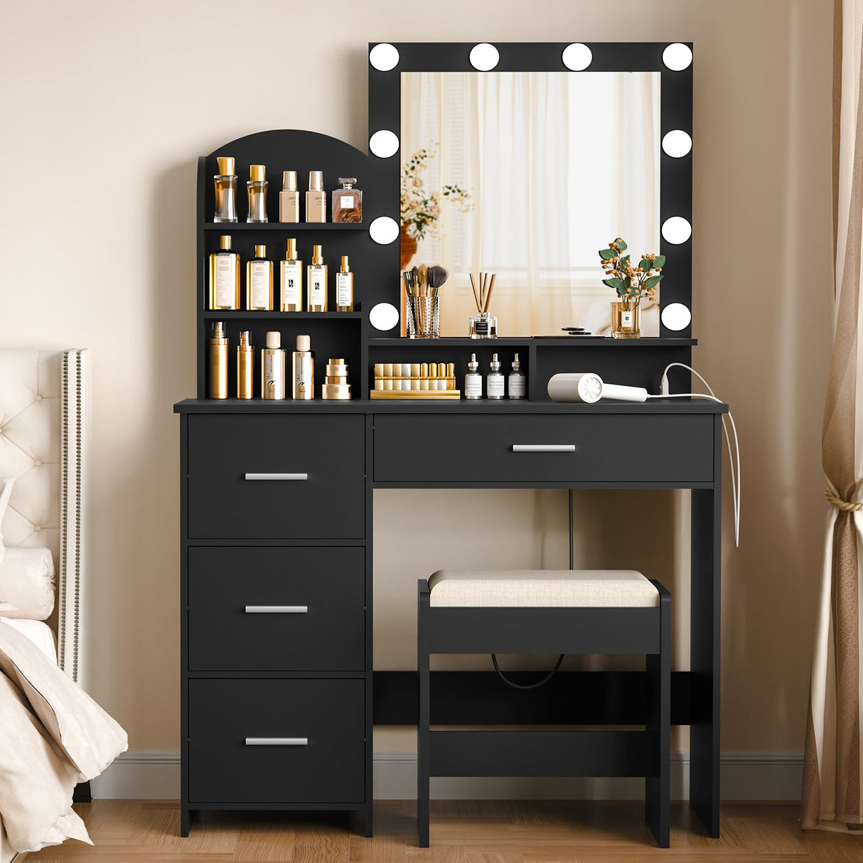 Quimoo Vanity Desk with Mirror and 10 LED Lights, Makeup Vanity with Charging Station and 4 Drawers Chest & Shelves, Vanity Set, Vanity Table with Cushioned Stool, for Bedroom, Black Quimoo