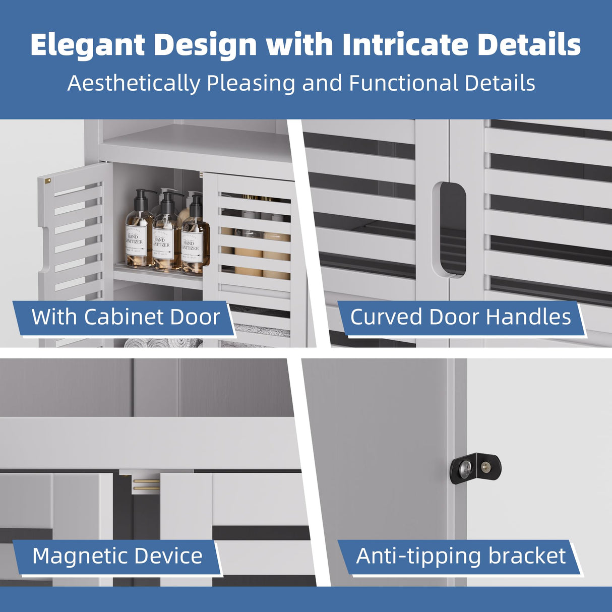 HITNET White Bathroom Cabinet, Bamboo Storage Cabinet Freestanding, Side Tall Storage Organizer for Kitchen Living Room Entryway HITNET