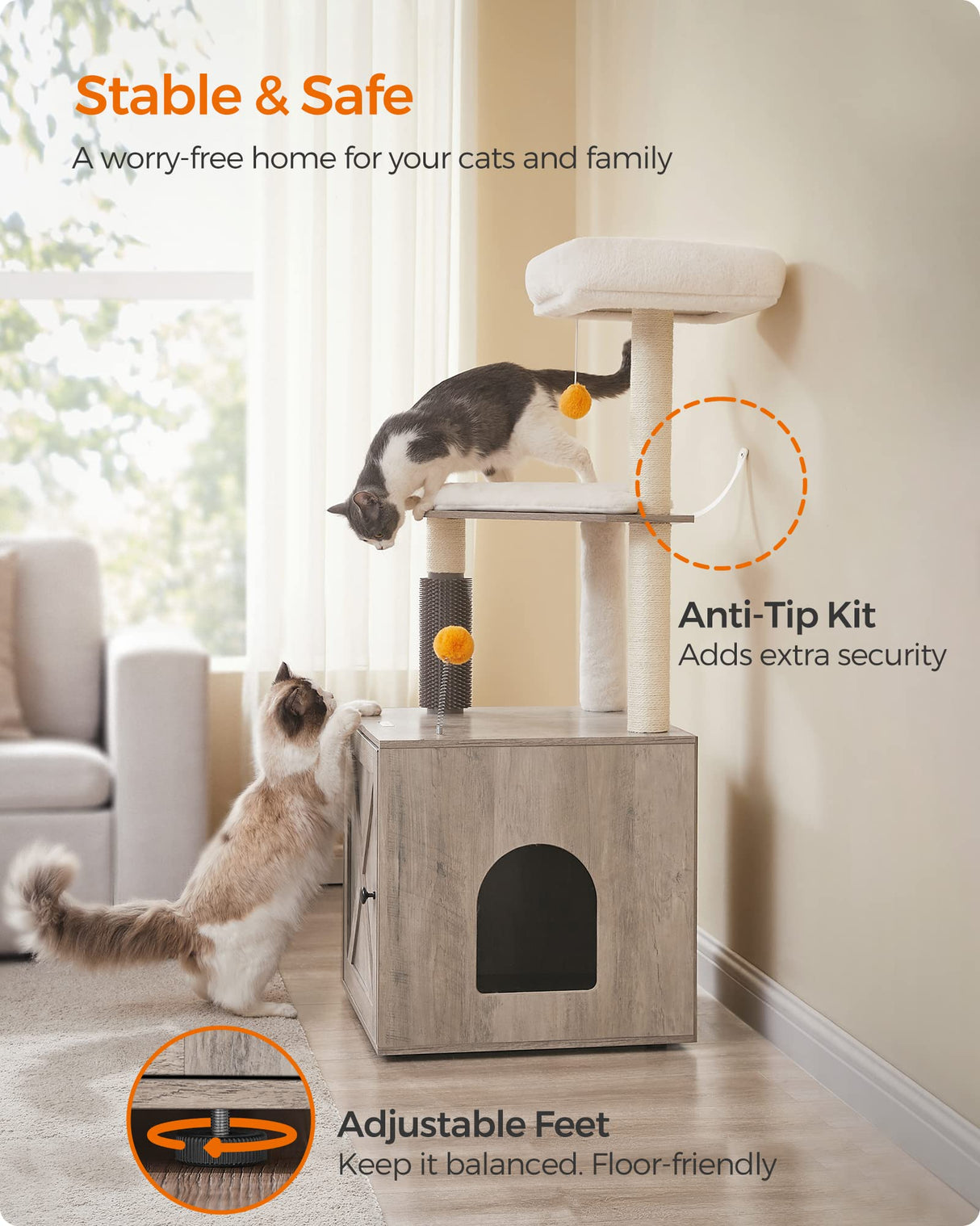 Feandrea Cat Tree with Litter Box Enclosure, 2-in-1 Modern Cat Tower, 52.8-Inch Cat Condo with Self Groomer, Scratching Posts, Washable Cushions, Greige UPCT115G01 Feandrea