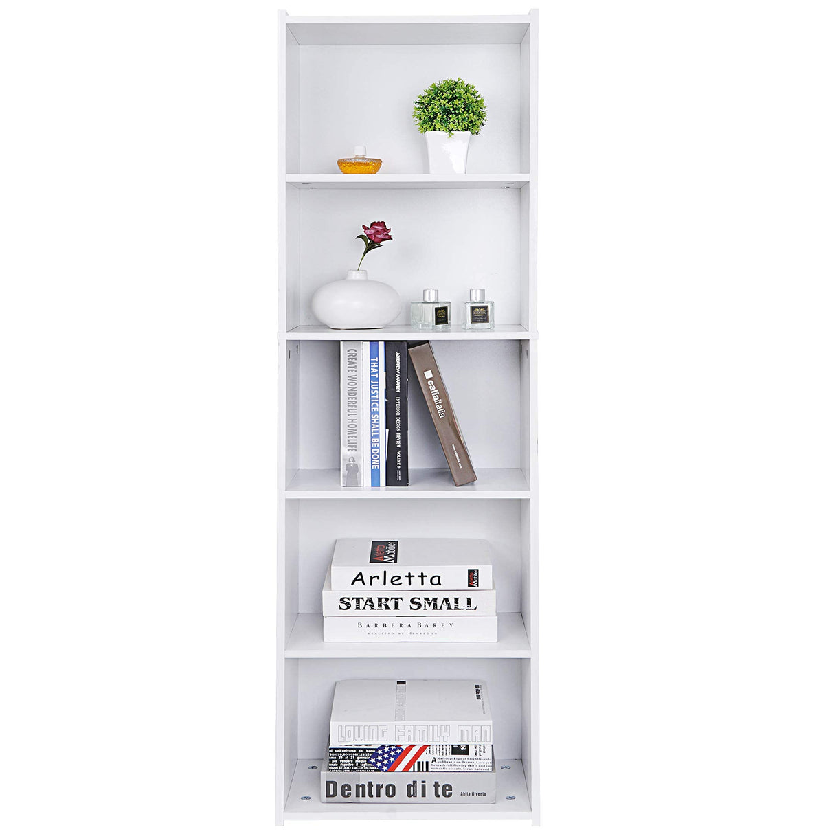 Nouva 5-Tier Bookcase, Freestanding Wood Open Bookshelf Storage Rack for CDs Movies Books, Book Organizer Shelves for Bedroom Living Room Study Office,White Nouva