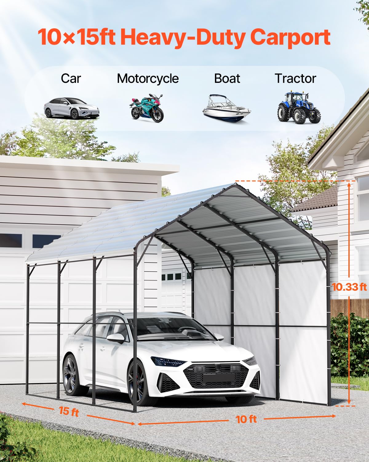 VEVOR Heavy Duty Metal Carport, 10' x 15' Outdoor Carport with Galvanized Steel Frame & Roof, Car Tent Garage Shade with Removable Sidewalls, Multi-Use Car Shelter for Pickup, Boat, Car & Tractors VEVOR