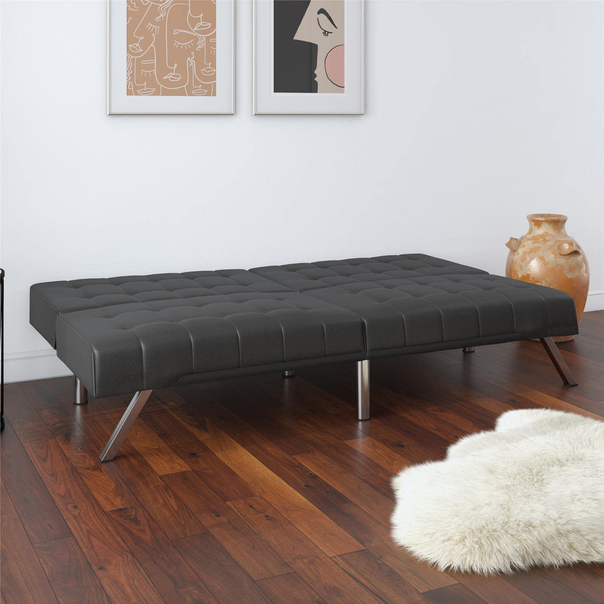 DHP Emily 71 Inch Futon Sofa Bed, Armless Upholstered Couch Sleeper with Tufted Back and Seat, Mid-Century Modern, Black Faux Leather DHP