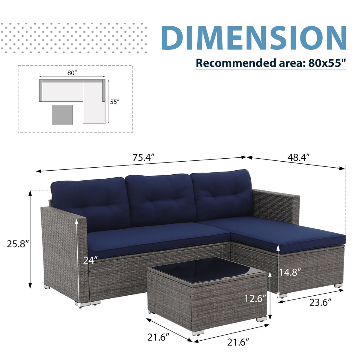 JOIVI Outdoor Patio Furniture Set, Small Sectional Conversation Set, All-Weather Wicker Furniture Sofa Set, L-Shaped Outdoor Patio Seating with Cushions, Tempered Glass Coffee Table, Navy Blue JOIVI