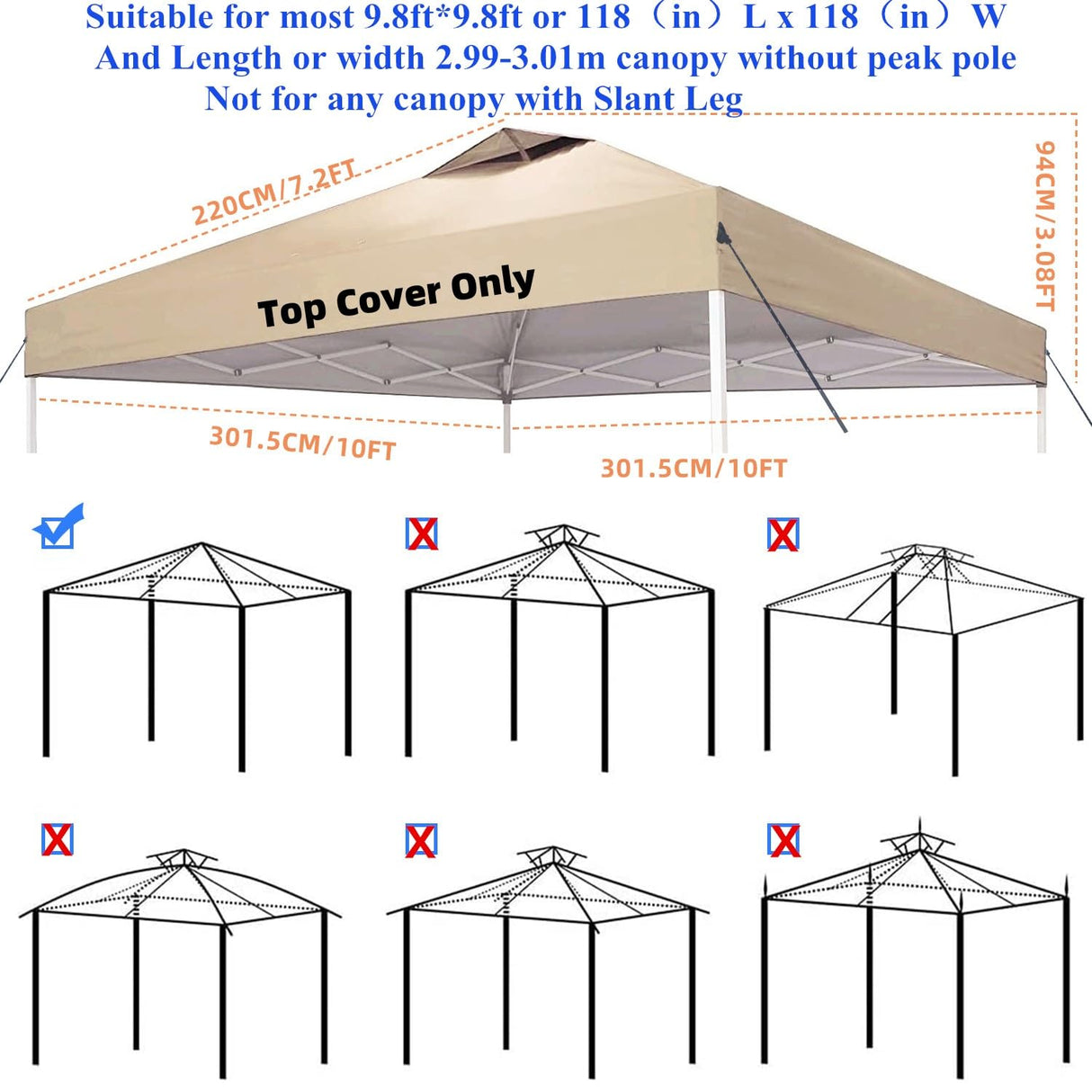 Jorohiker 10x10 Canopy Replacement Top Cover,Pop Up Canopy Tent Top with Air Vent Ropes, Waterproof Sunshade Silver Coated Oxford Cloth for Outdoor Garden Patio Picnic Camping(Top Only,301 * 301cm) Jorohiker
