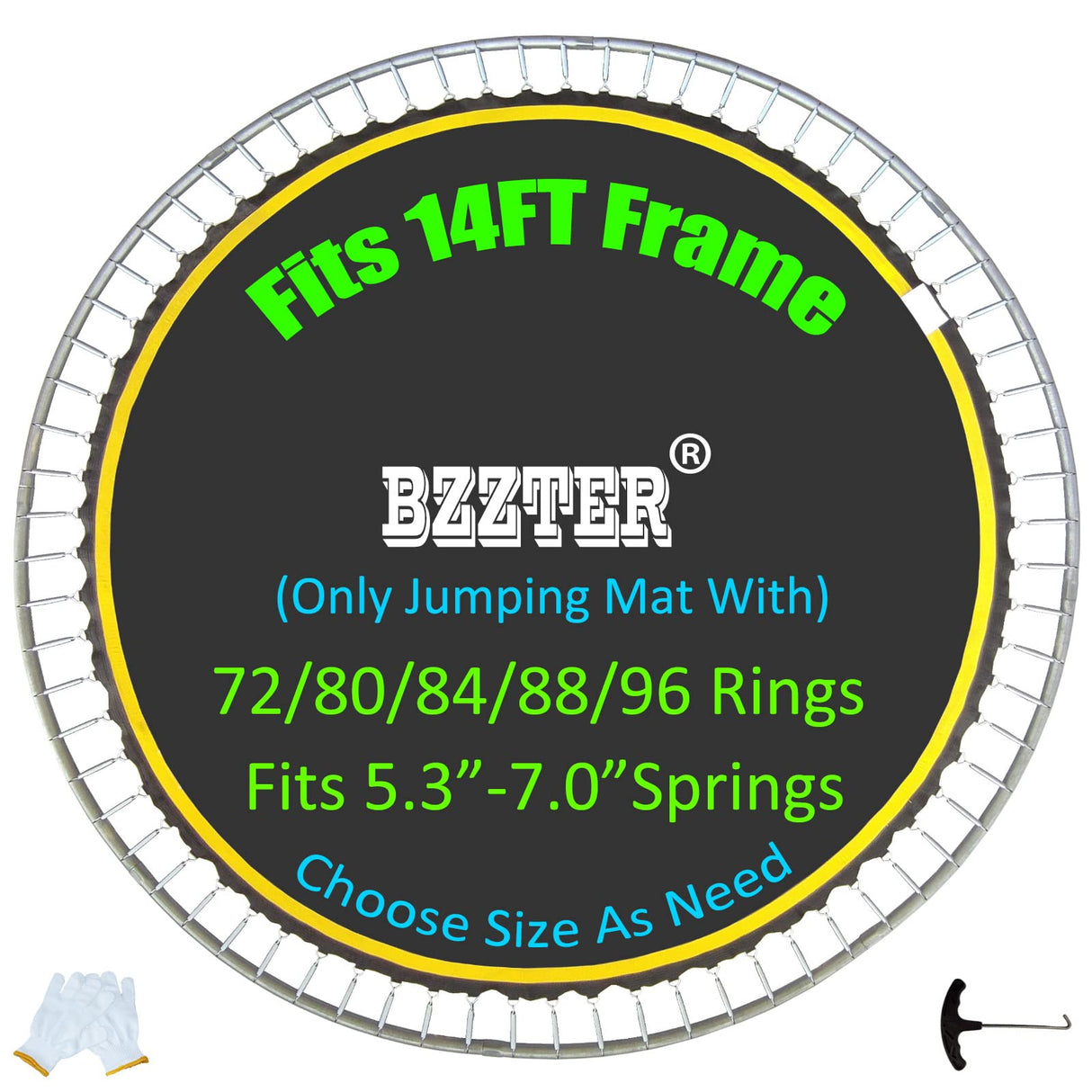 Bzzter Replacement Trampoline Mat,Fits 14ft Round Frame,with 72 Rings &147.6 Inch Diameter, Fits 6.5"-7.0" Spring,10 Rows of Stitching for Longer Lasting,w/Pull Hook and Gloves,14ft Trampoline Mat Bzzter