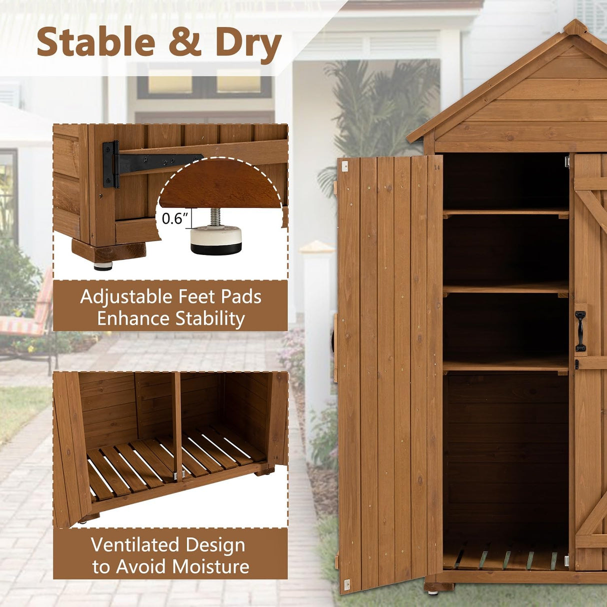 DetalleGo Outdoor Wooden Storage Cabinet, Storage Shed with 3 Detachable Shelves, Lockable Wooden Garden Shed with Waterproof Roof, Outside Vertical Tall Tool Shed for Yard Patio Lawn Deck (Natural) DetalleGo