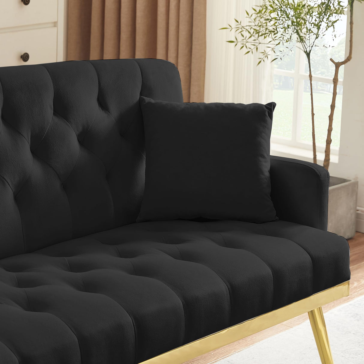 Small Loveseat Sofa, 55.5-inch Modern Sofa Couch with with 2 Side Pockets, Modern Tufted Sofa with Golden Metal Legs, Upholstered Space Saving Love Seat for Living Room, Bedroom, Office, Black KINFFICT