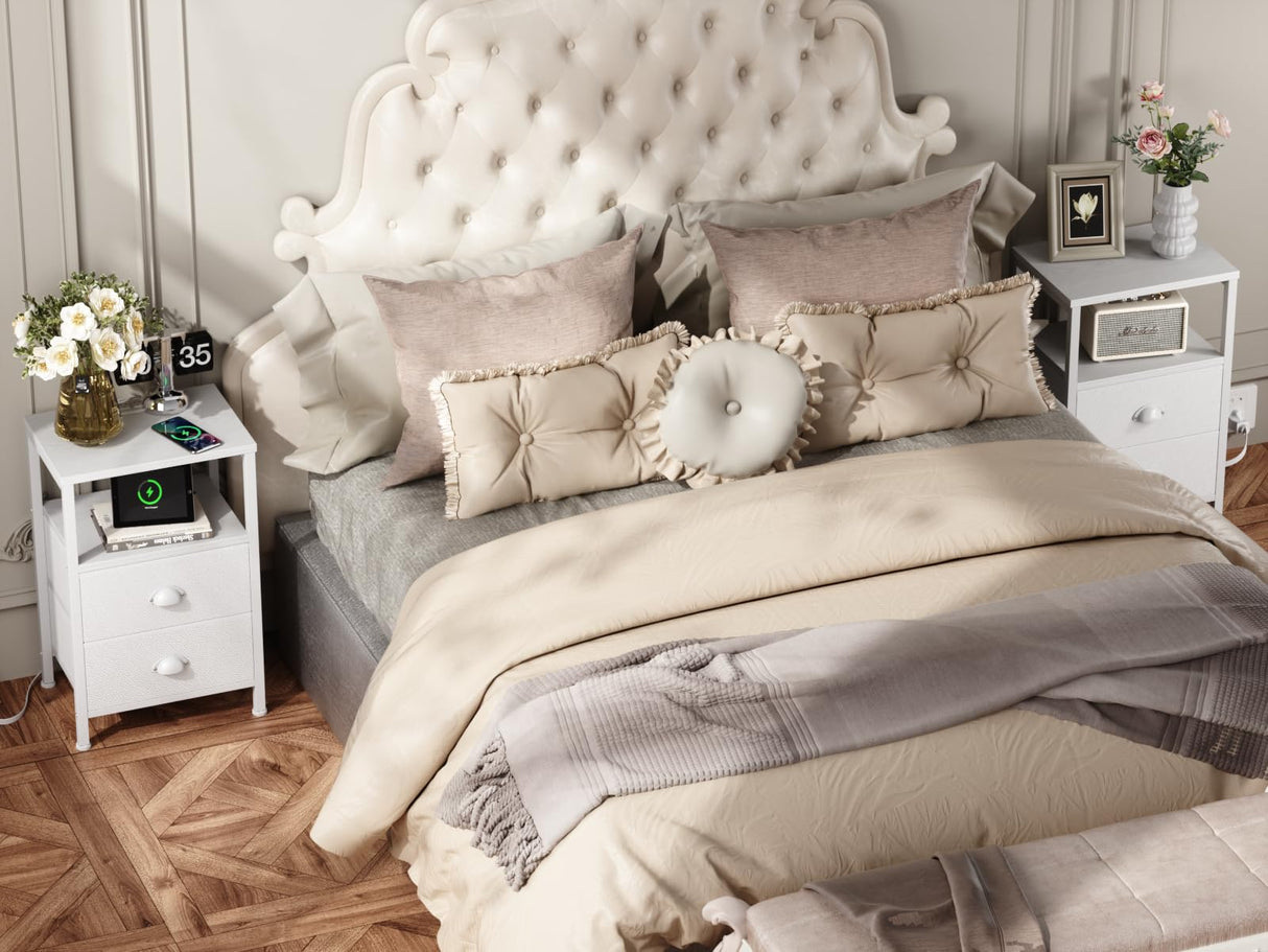 Furologee Nightstands Set of 2, End Tables Set of 2 with Charging Station and LED Lights, White Night Stands with 2 Fabric Drawers, Bedside Tables for Living Room/Bedroom Furologee