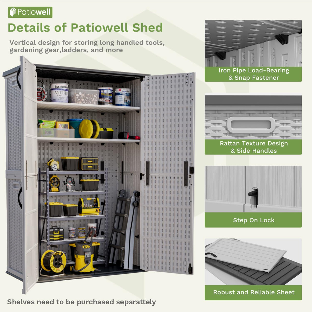 Patiowell 50 cu.ft Plastic Outdoor Storage Shed, Lockable Waterproof Resin Storage Cabinet Vertical Storage Shed for Garden Tools, Garbage Cans, Pool Supplies, White(Not Include Shelves) Patiowell