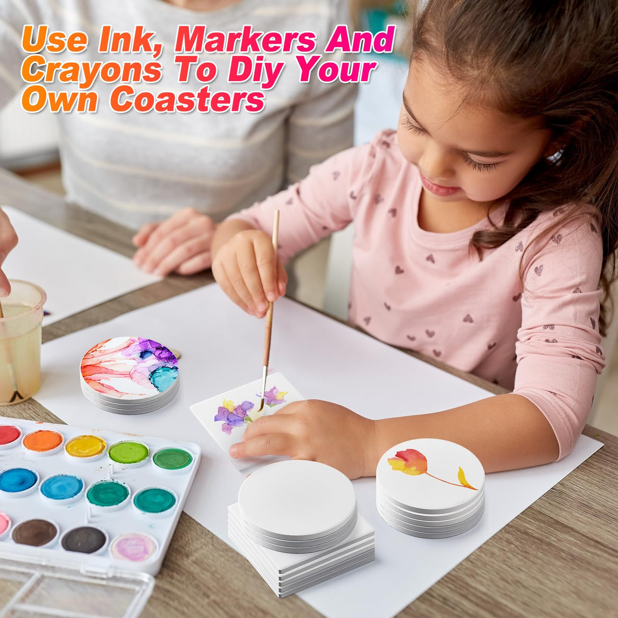 Suttmin 144 Pieces Ceramic Tiles for Crafts Coasters White Ceramic Tiles for Crafts Blank Unglazed Ceramic Tiles with Cork Backing Pads for Painting DIY Art Gift Project(Round, Square) Suttmin