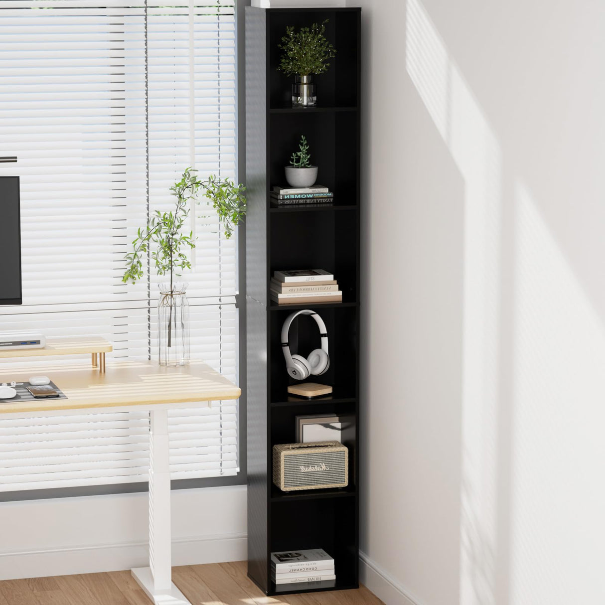 QieerHior Tall Narrow Bookshelf 6-Tier Bookcase,70.5" Skinny Thin Corner Shelf Slim Storage Cabinet,Wood DVD CD Media Cube Organizer Tower Rack for Small Spaces, Bedroom, Living Room, Office,Black QieerHior