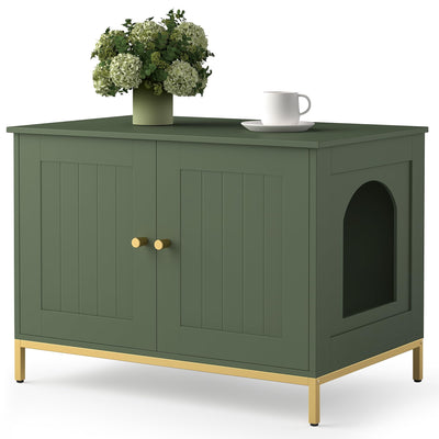Homhedy Cat Litter Box Enclosure, Cat Washroom Furniture with Metal Frame, Pet House, Fit Most of Litter Box, Modern Style, Green and Gold