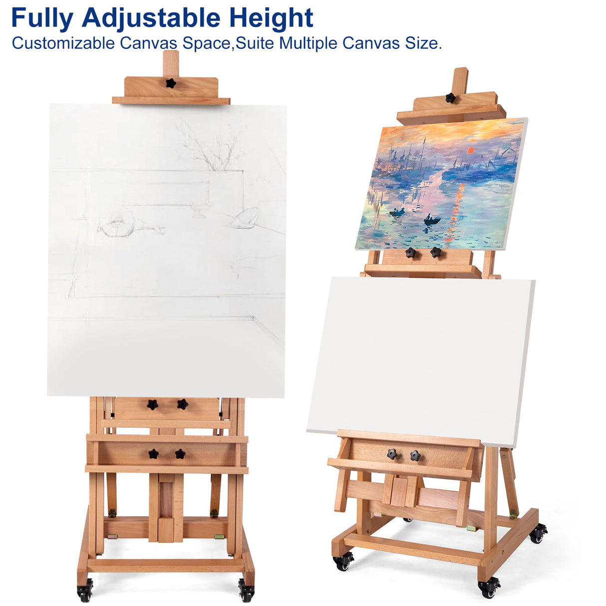MERRIY Artist Extra- Large Multi-Function Studio Easel, H-Frame Art Easel, Tilts Flat, Solid Beech Wood Painting Easel Stand, Movable Floor Easel with Drawer & Silent Wheels, Holds 2 Canvas Up to 91" MERRIY