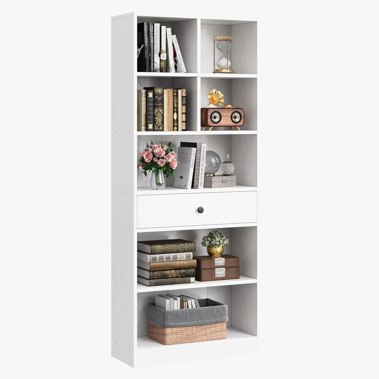IRONCK Bookcase and Bookshelves, 70" Tall Bookshelf Floor Standing 6 Tiers Display Storage Shelves, Book Shelf with Drawers for Home Office, Living Room, Bedroom, Library, White IRONCK