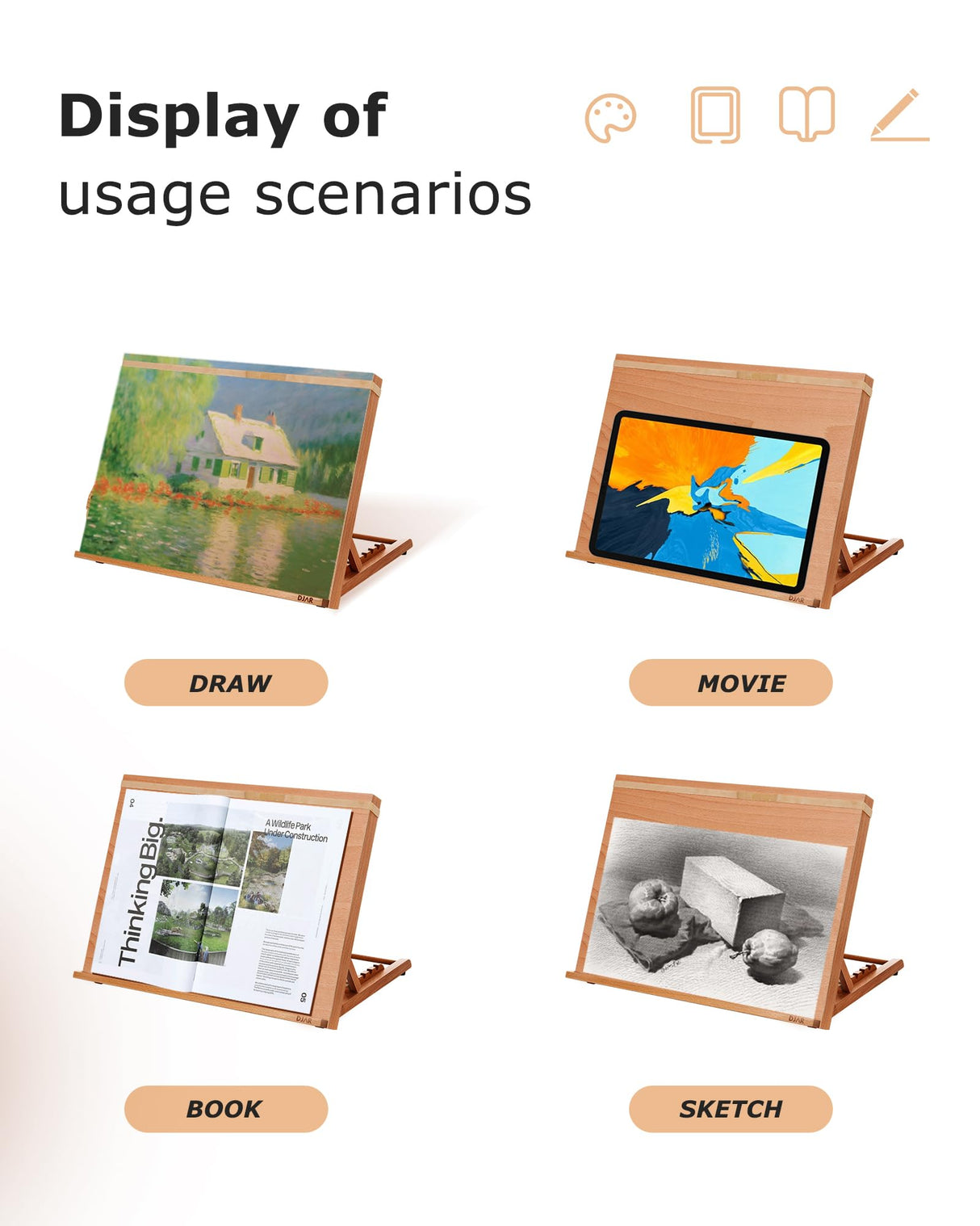 DJAR A3 Drafting Table Easel, Adjustable Portable Beech Wood Drawing Sketching Board, 5 Positions, Natural DJAR