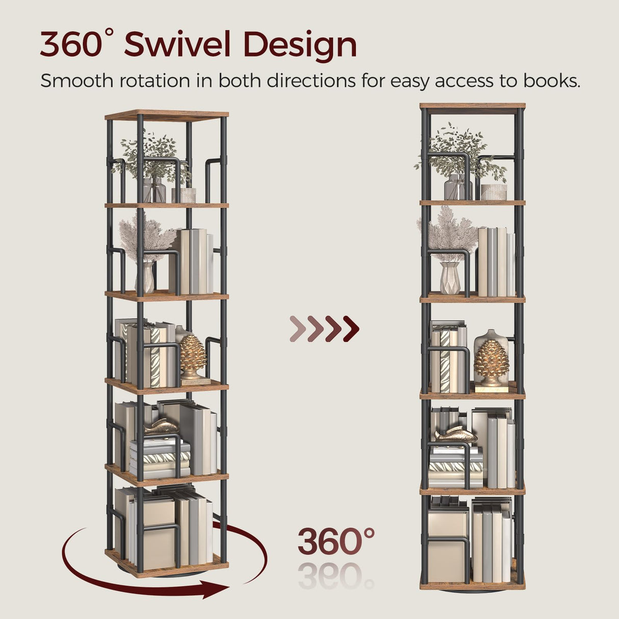 MAHANCRIS 5-Tier Rotating Bookshelf, Freestanding Corner Bookshelf, 360° Spinning Bookcase, Industrial Style Storage Rack with Rails, for Living Room, Bedroom, Study, Rustic Brown and Black BKHR1601 MAHANCRIS