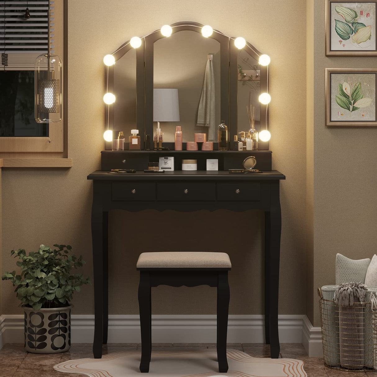 Tiptiper Vanity Desk, Makeup Vanity with Lighted Tri-fold Mirror and Stool, Vanity Set with 5 Drawers, 3 Light Settings & Adjustable Brightness, Black Tiptiper