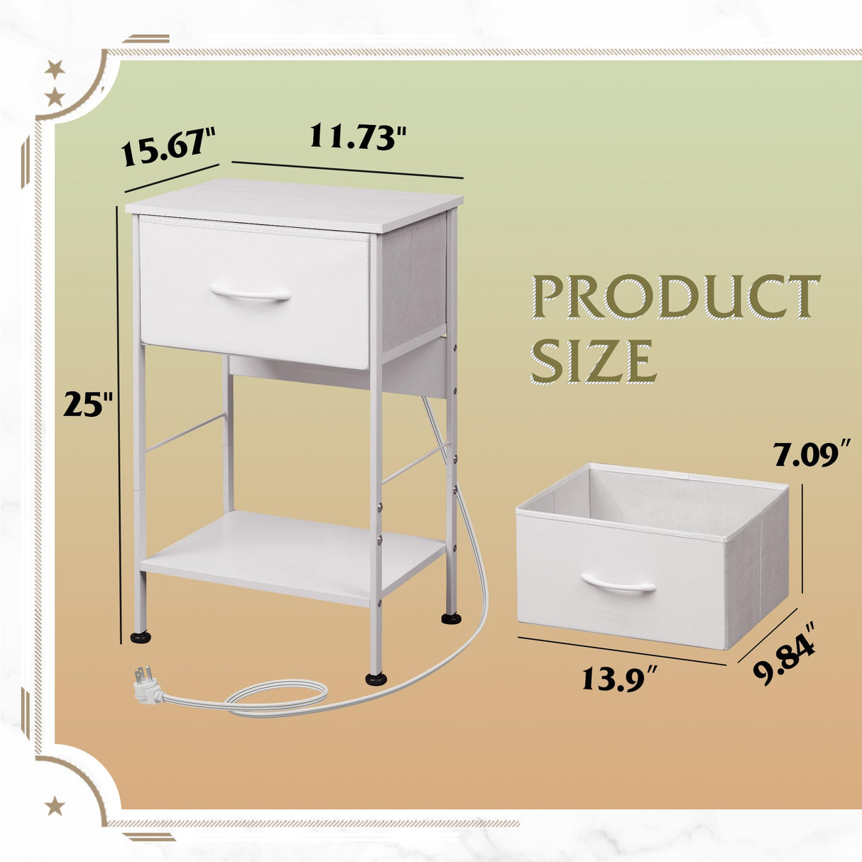 WLIVE Nightstand with Charging Station, 25" H Nightstand with 1 Fabric Drawer and Open Wood Shelf, Bed Side Table for Bedroom, 2-Tier Storage End Table, Small Dresser for Dorm, Entryway, White WLIVE