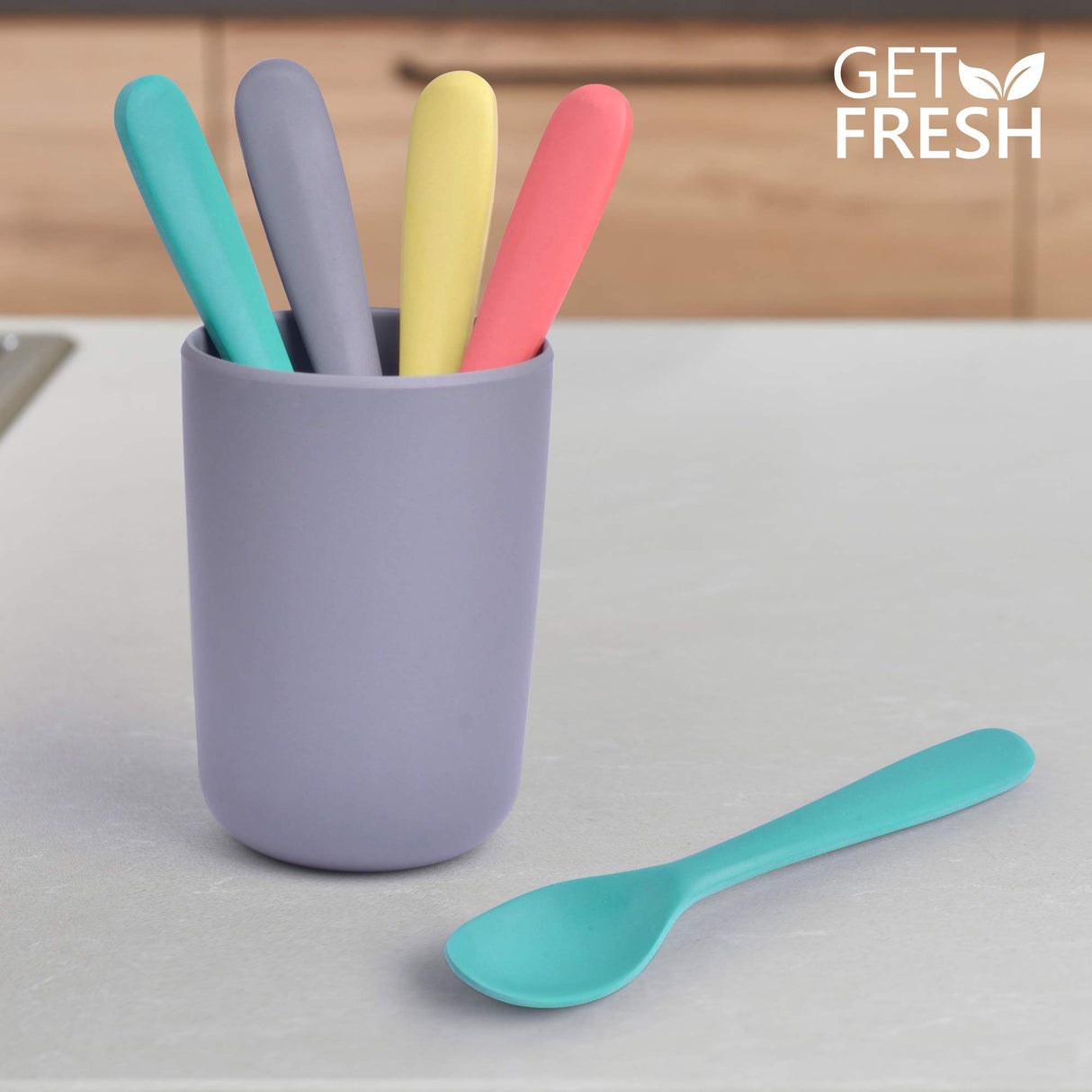 GET FRESH Bamboo Kids Spoons Set – 4-pack Colorful Bamboo Kids Cutlery for Everyday Use – Reusable Bamboo Fiber Kids Spoons for Baby Feeding – Large Bamboo Utensils for Toddlers and School Children GET FRESH