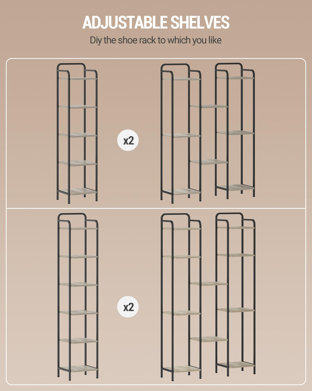 Hzuaneri Bookcase Bookshelf, Narrow Book Shelf, Industrial Corner Shelf Storage Organizer, Slim Shelving Unit for Home Office, Living Room, Bedroom, Kitchen, 5-Tier Greige and Black BC24505B Hzuaneri
