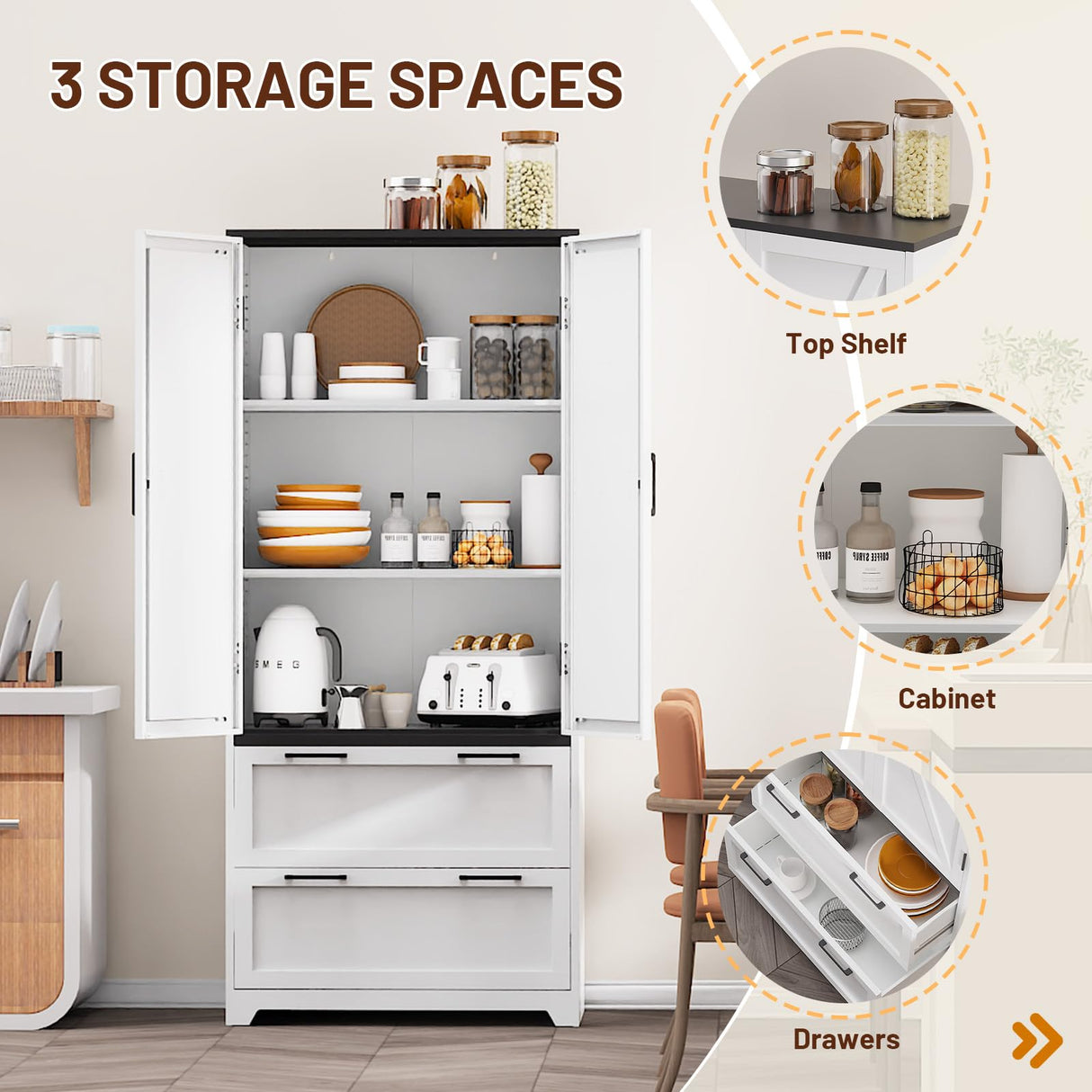 Eltean 71" Kitchen Pantry Storage Cabinet,Farmhouse Storage Cabinet with 2 Adjustable Shelves and 2 Drawers,Barn Doors Metal Storage Cabinets for Kitchen,Dining Room,Living Room Eltean