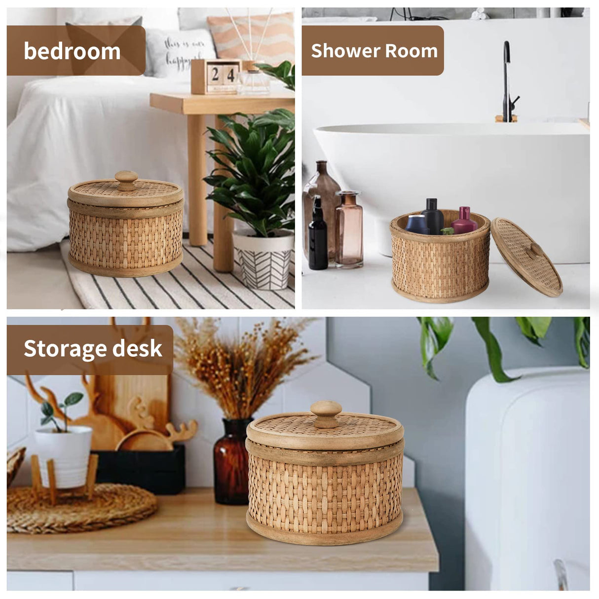 HUAXIN CRAFT H Rattan Round Decorative Box with Lid, Set of 2(Natural 7 inches and 5inches Diameter), Bohemian Wood Box For Storage. HUAXIN CRAFT H