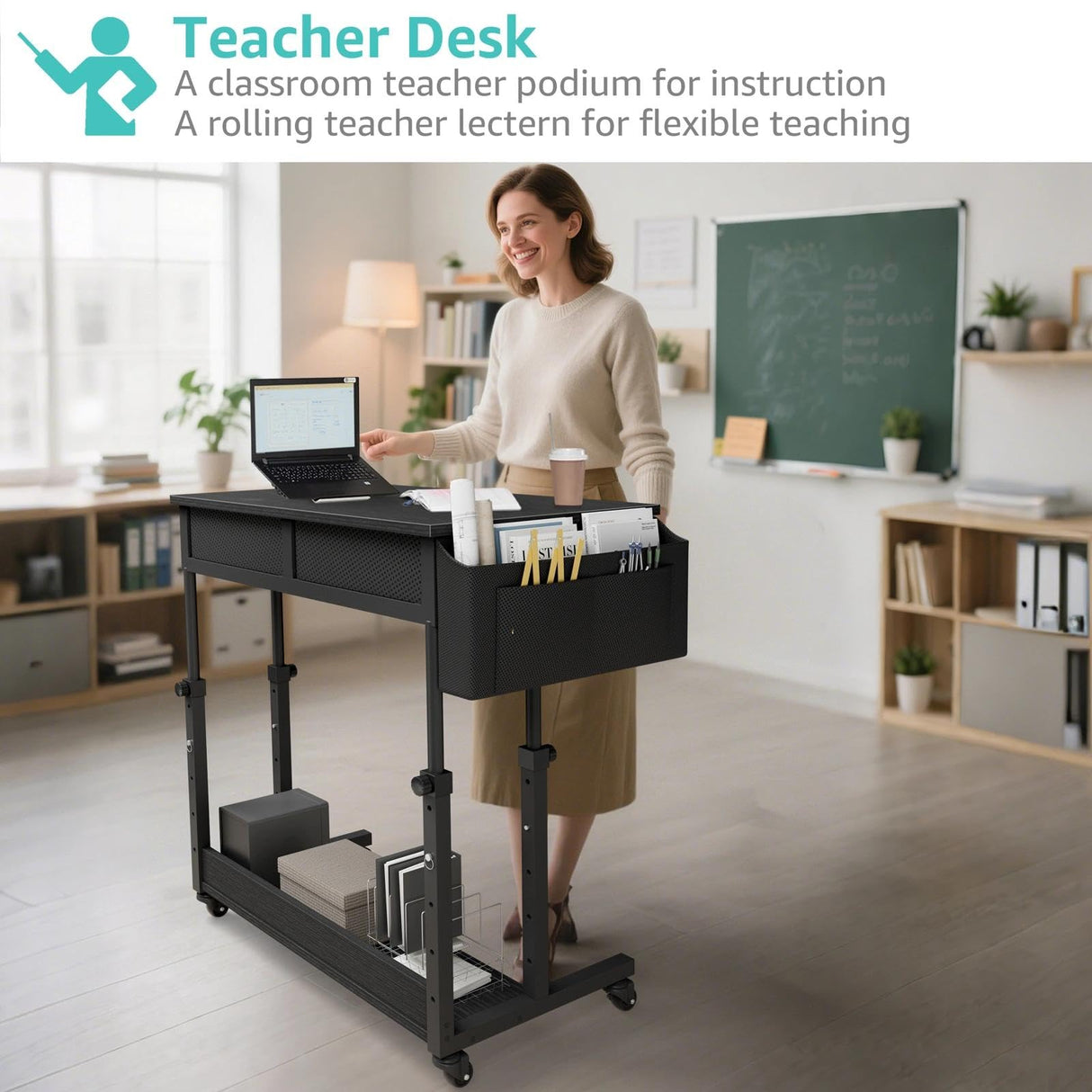Small Portable Rolling Standing Desk - 32 Inch Adjustable Mobile Stand Up Teacher Desks with 2 Fabric Drawers on Wheels for Classroom, Couch Sofa Side Laptop Table with Storage for Home Office, Black WINAZ