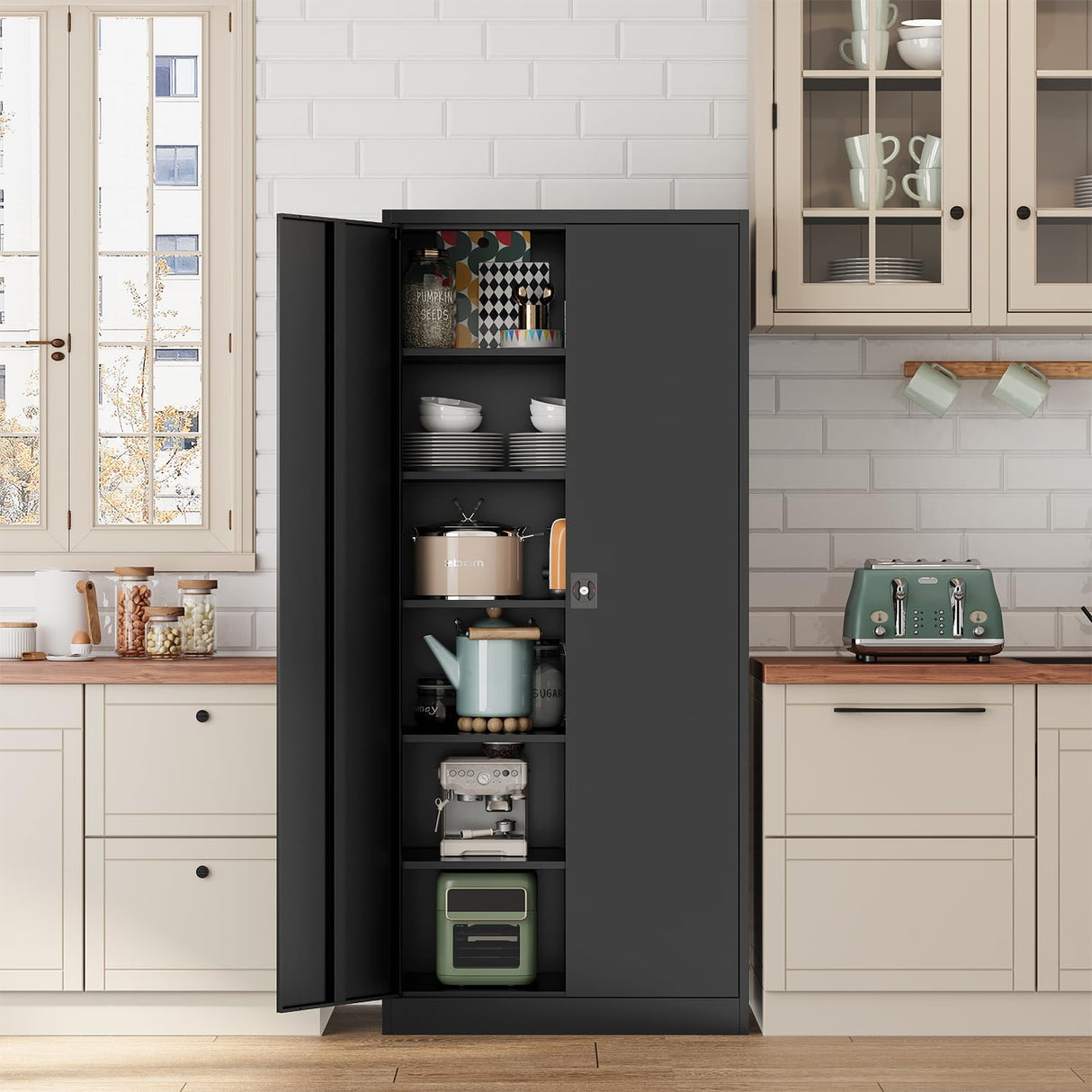 Fesbos Metal Storage Cabinet-72” Black Tall Steel File Cabinets with Lockable Doors and Adjustable Shelves-Black Steel Storage Cabinet for Kitchen, Office, Garage Fesbos