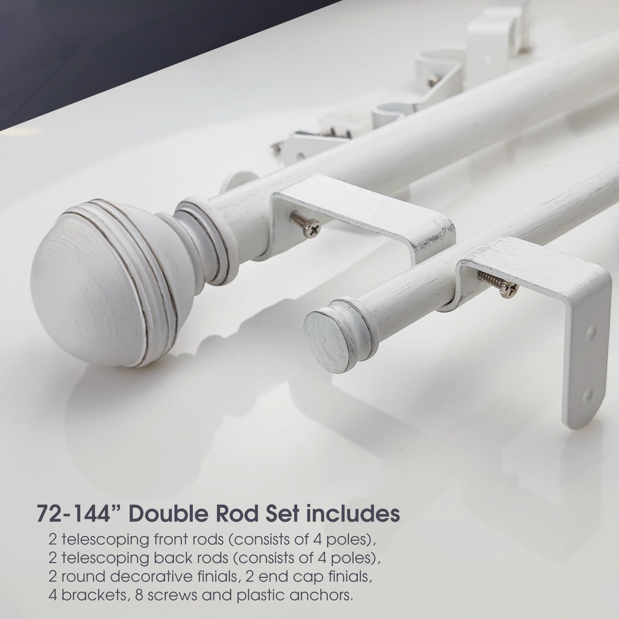 ILAISIHOME 1-1/8 Inch Diameter Farmhouse Style White Curtain Rods with Round Finial, 72-144 inch Telescoping Double Rod for window width 68-140 inch, 1 pack ILAISIHOME