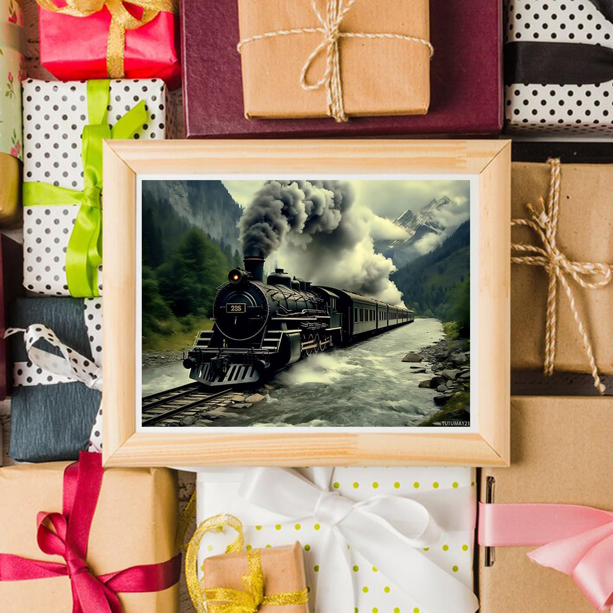 Steam Train Chugging Through Mountains Diamond Painting, Old Steam Train Diamond Painting Kits, 5D DIY Diamond Painting Kits for Adults Diamond Art, for Room Home Wall Decor Gift 12x16 inch TUTUMAY21