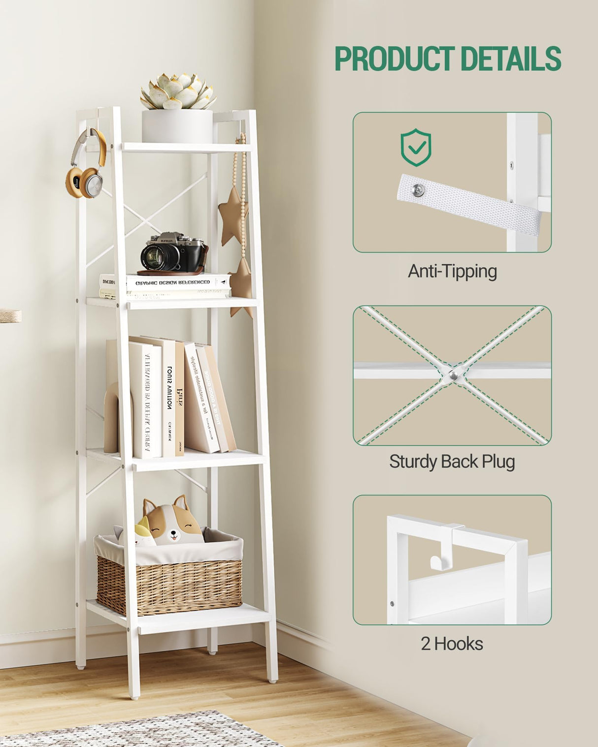 Hzuaneri Ladder Shelf, Bookshelf Bookcase, Freestanding Corner Storage Shelve with 2 Hooks for Home Office, Living Room, Kitchen, Bedroom, Industrial, 4-Tier White BC13213W Hzuaneri