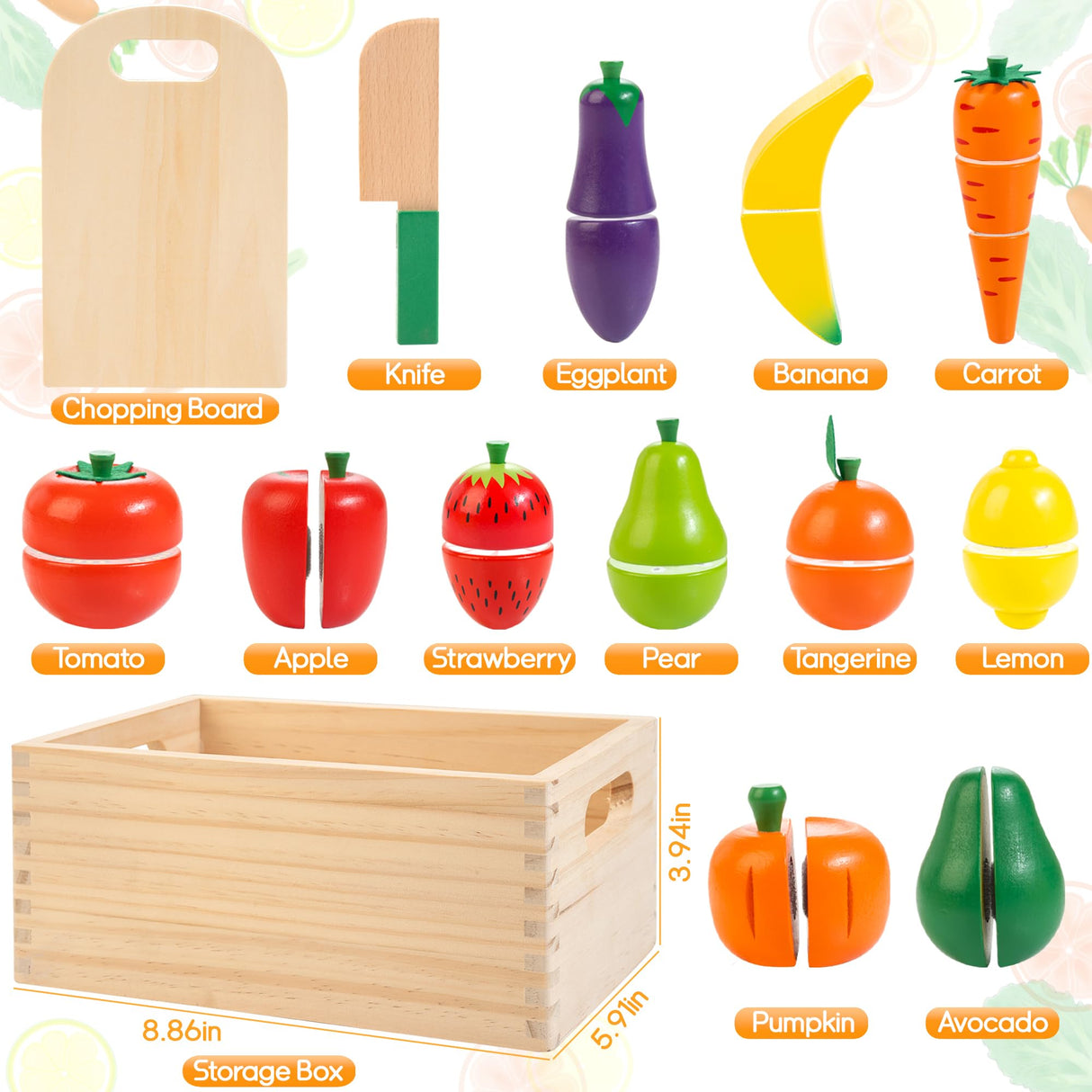 Wooden Play Food for Toddlers, Velcro Fruit and Veggies Cutting Set for Kids, Pretend Food Play Kitchen Accessories for 3 4 5 6 7 Years Old Boys & Girls WOODMAM