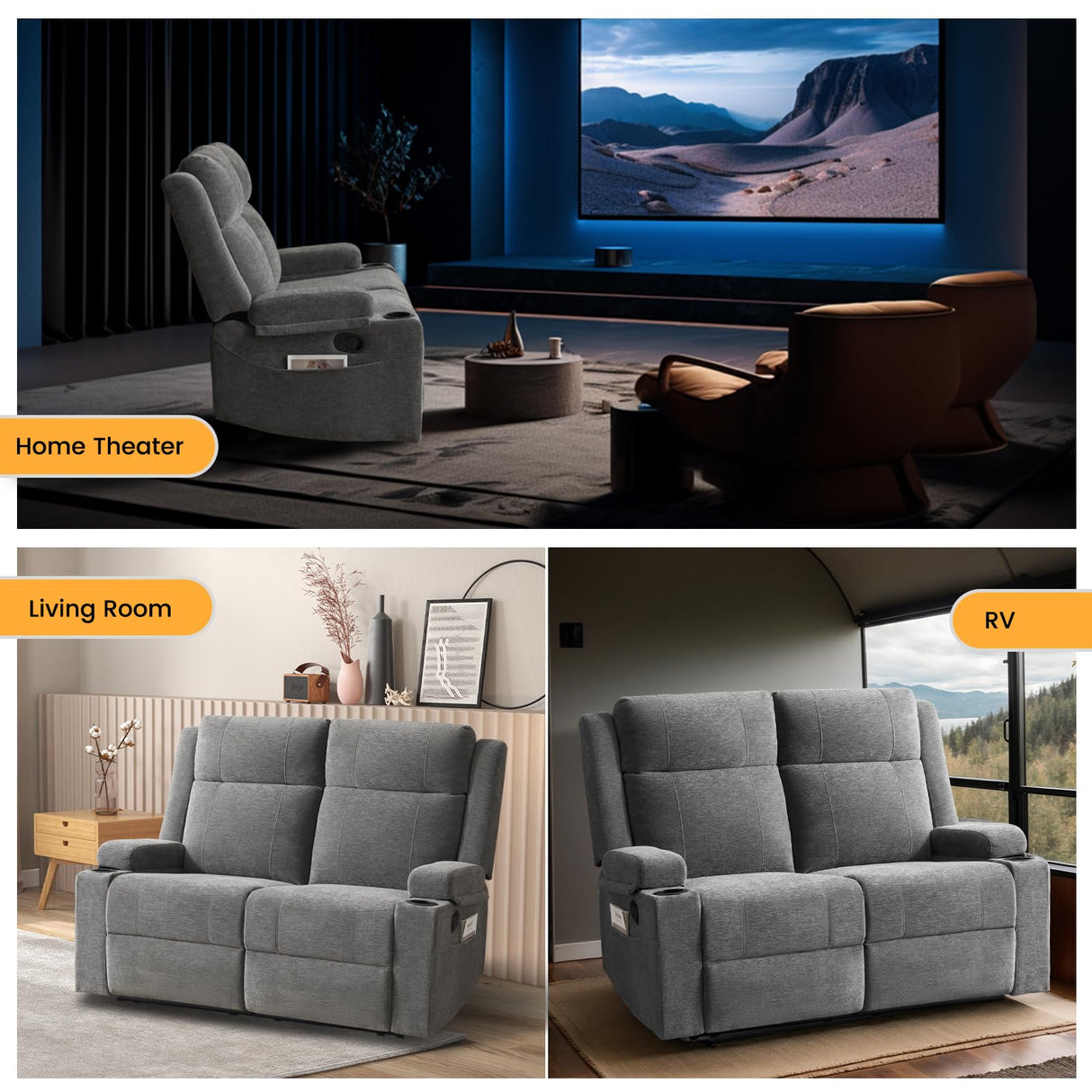 RIHEREFY Loveseat Recliner, Loveseat Sofa with Adjustable Footrest, Wall Hugger Recliner for Living Room & Home Theater & RV(Gray) RIHEREFY