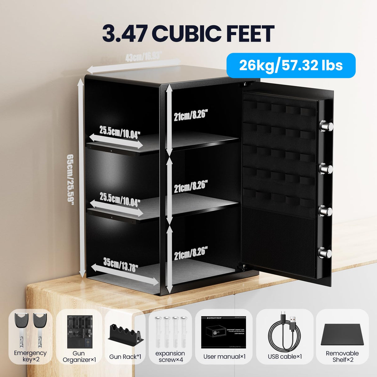 Grimtron Biometric Gun Safe (3.46 cu. ft.) – Quick Access Multiple Handgun Storage with Fingerprint & Backlit Keypad, Secure Pistol Safe Box with Door Organizer & Gun Rack Grimtron