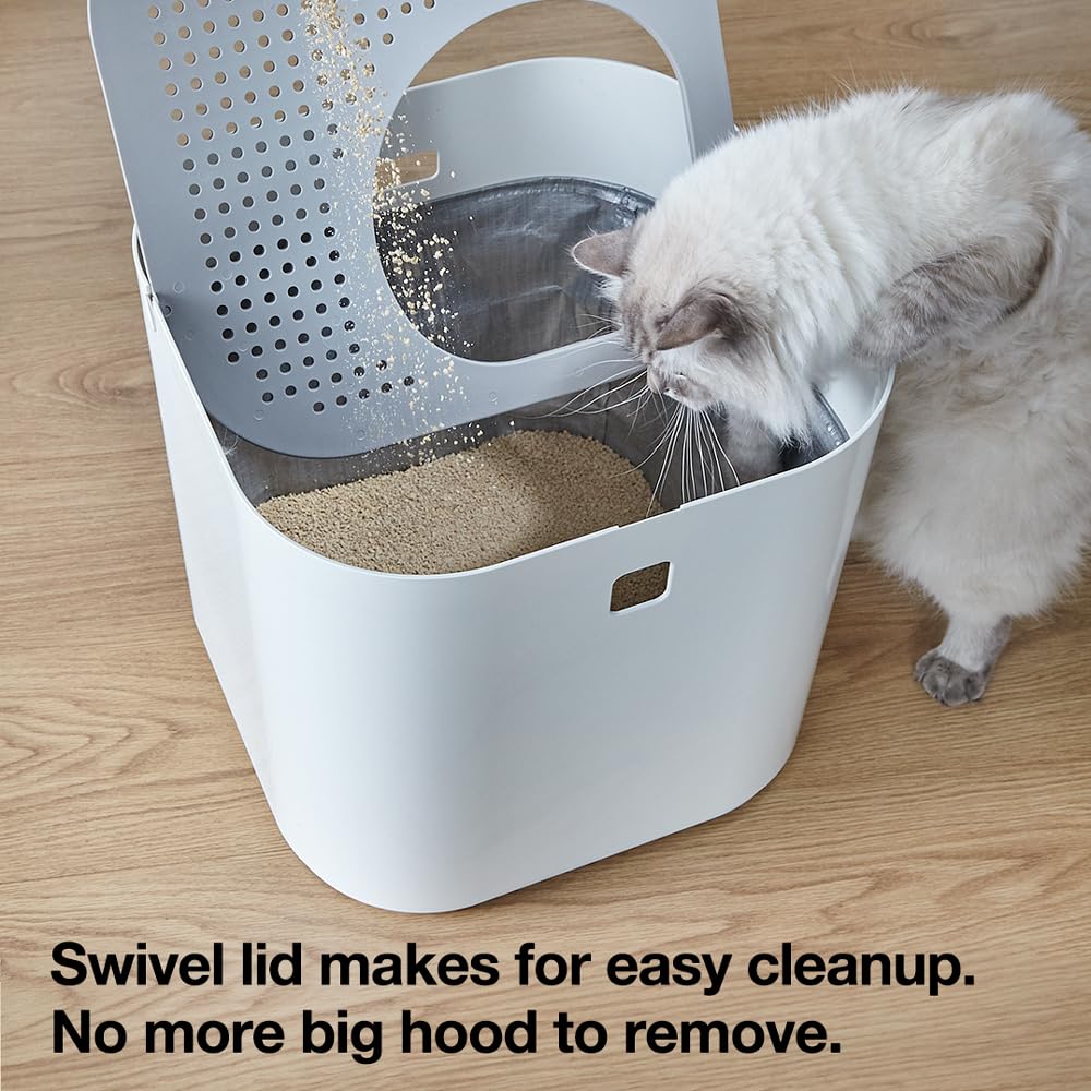 Modkat® Litter Box, Top-Entry, Full Height Seamless Base, Reusable Litter Liner, Sifting Litter Scoop, 2X Bamboo Charcoal Filters - White Modkat