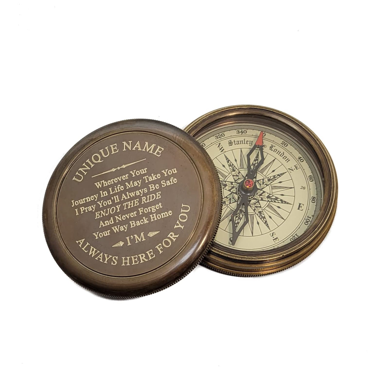 Personalized Compass Engraved | Gift for Baptism, Confirmation, Graduation, Anniversary | Antique Brass Desk Compass in Wood Box for Men, Him, Son (Design My Own) Stanley London