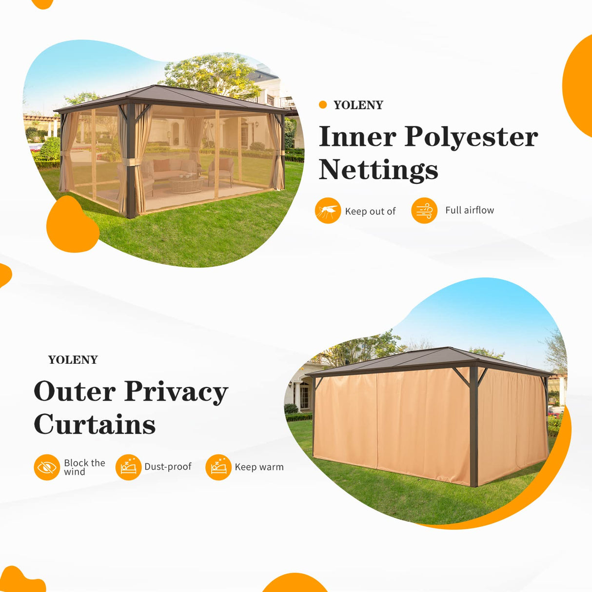 YOLENY 12'x16' Hardtop Gazebo, Outdoor Polycarbonate Roof Canopy, Aluminum Frame Permanent Pavilion with Curtains and Netting, Sunshade for Garden, Patio, Lawns, Khaki YOLENY