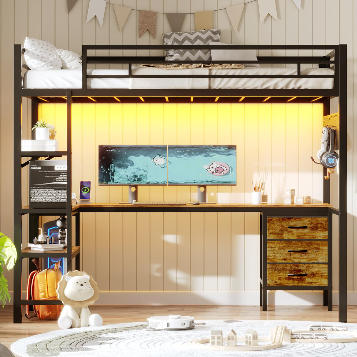 BTHFST Loft Bed Twin Size with L-Shape Desk & RGB LED Lights & Charging Station, Twin Bunk Bed with Fabric Drawers & Shlves, 13.4'' H Safety Guardrail, Noise Free, No Box Spring Needed BTHFST